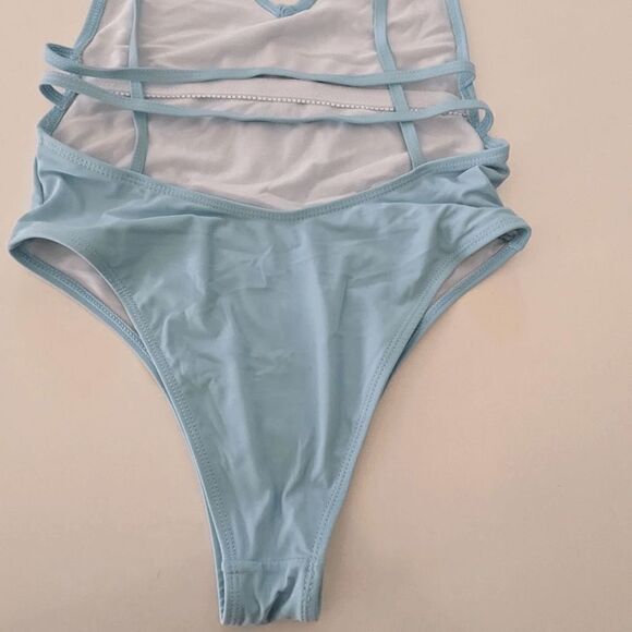 Womens SheIn One Piece Bathing Suit Monokini Ruffle Deep Plunge Small Light Blue - Picture 5 of 9